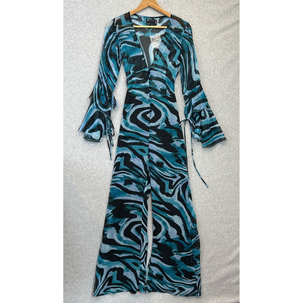 ASOS DESIGN Jumpsuit Deep V-Neck Blue Black Swirl Mesh Retro Size 4 Petite NWOT